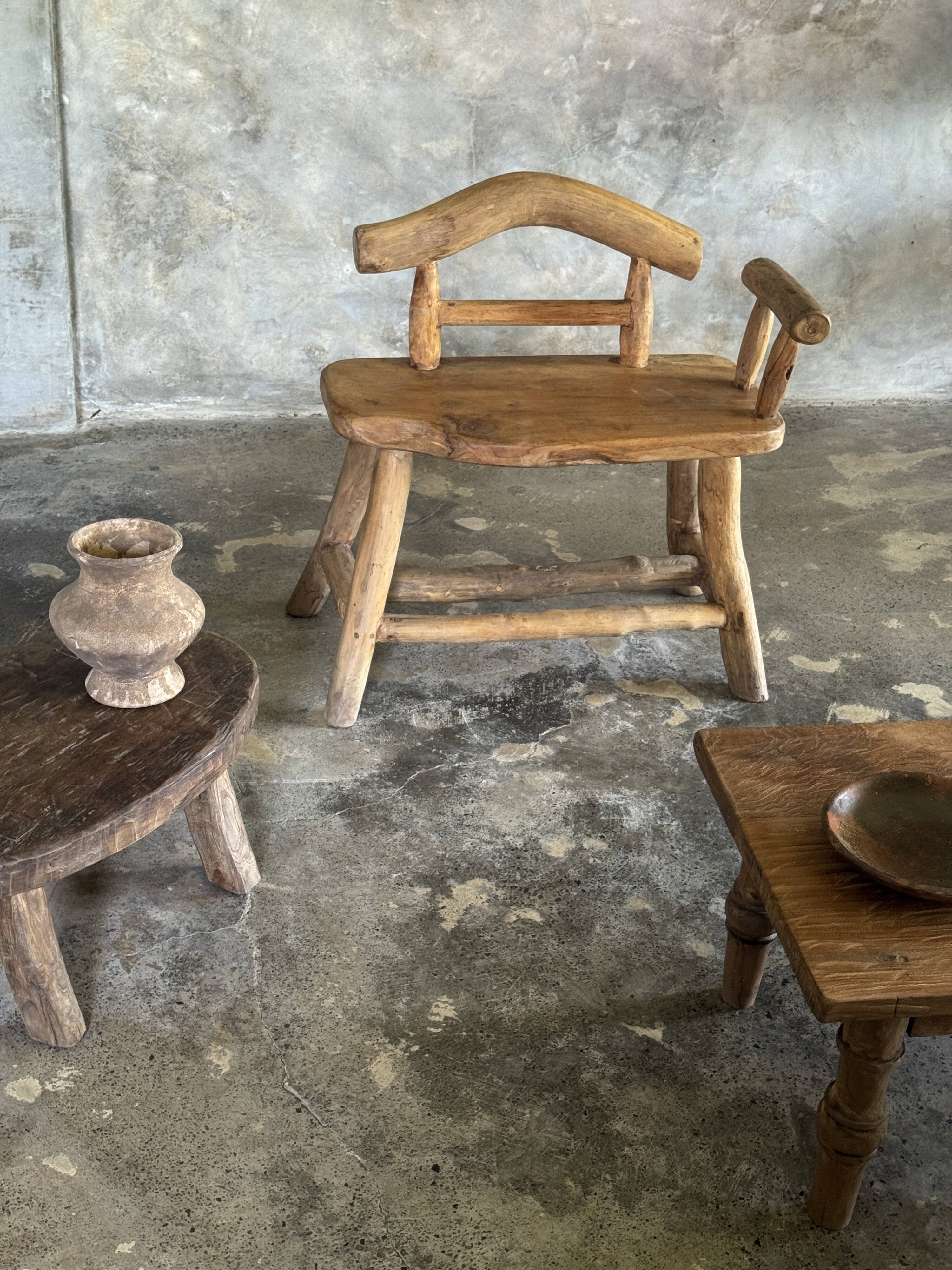 Small brutalist bench with backrest and armrests in Asian blonde teak H67 L6
