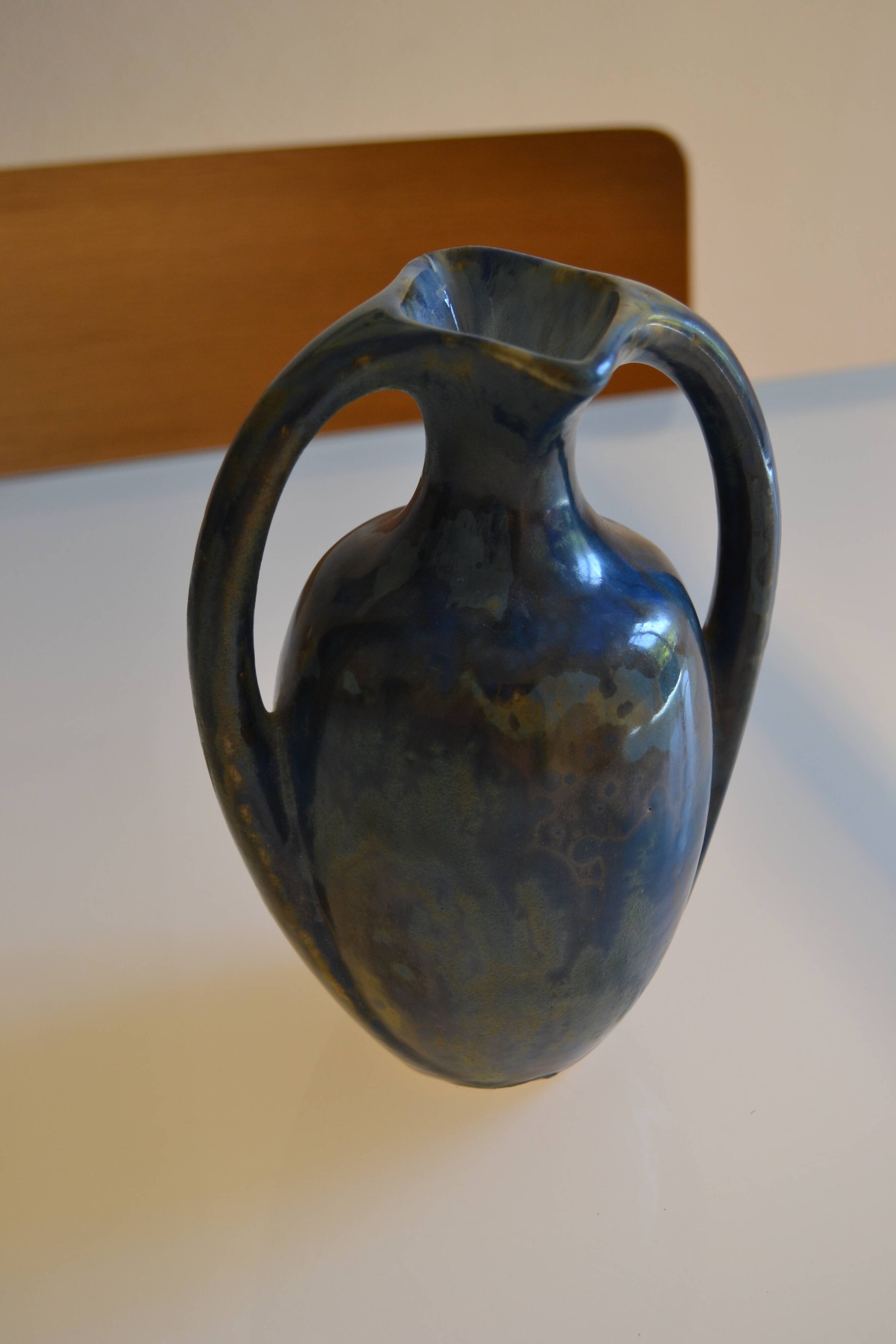 Iridescent Pierrefonds stoneware amphora vase, Art Deco, 1930, signed