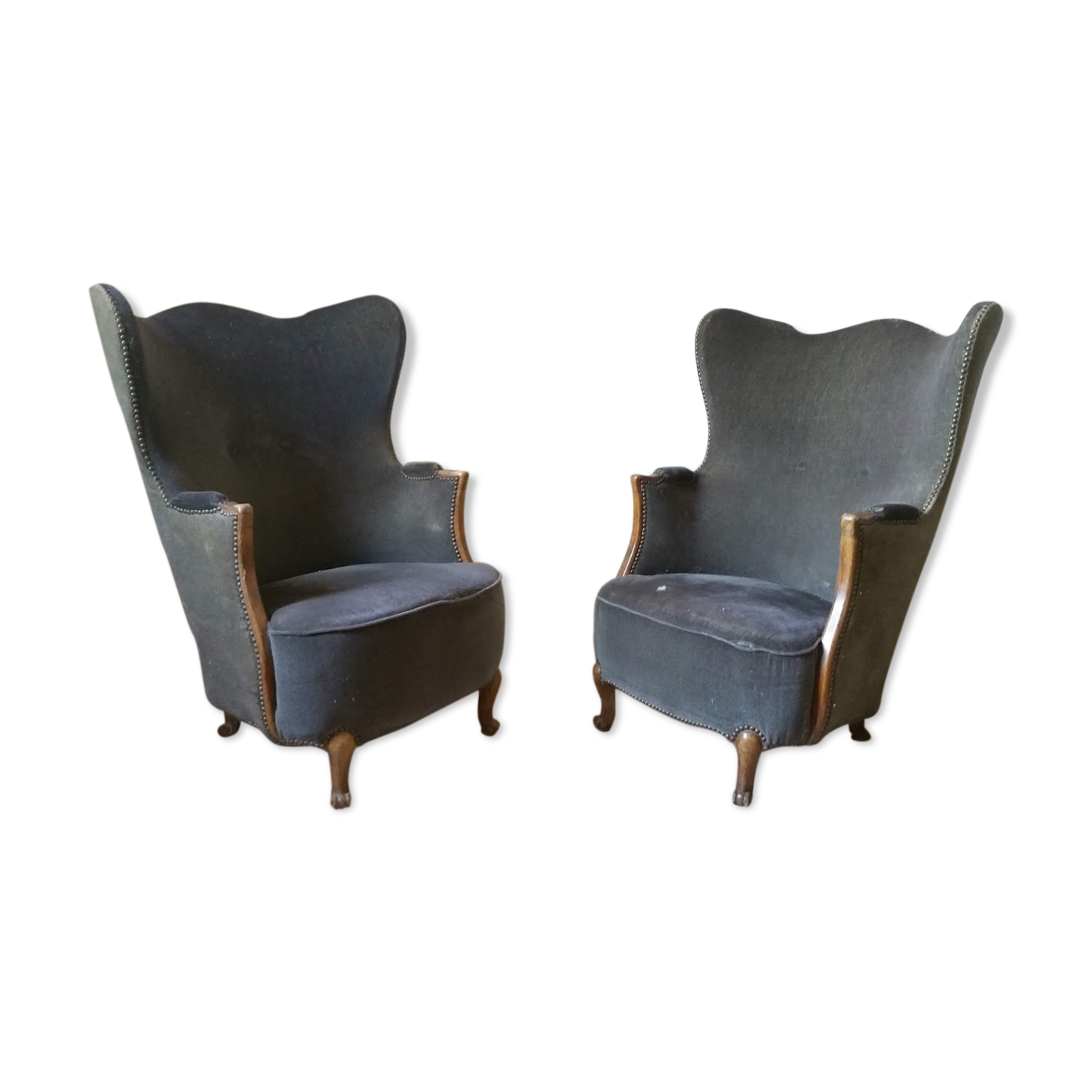 Pair of sculptural Bergère barrel armchairs