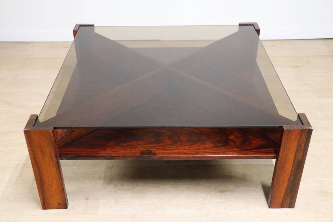 Scandinavian coffee table Mobelintarsia – Rosewood & smoked glass – 1960s