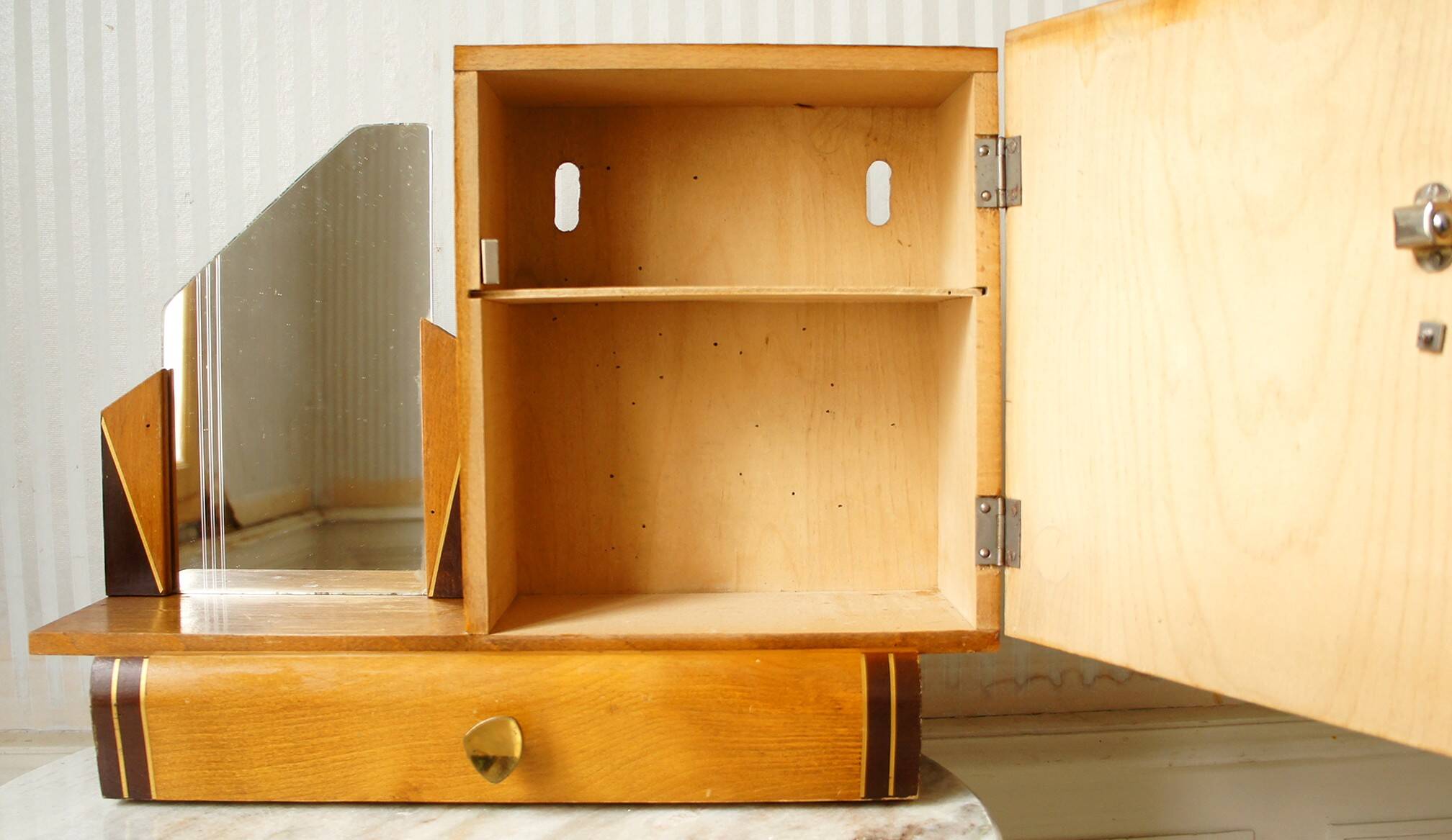 Asymmetrical art deco wall cabinet, drawer & mirror