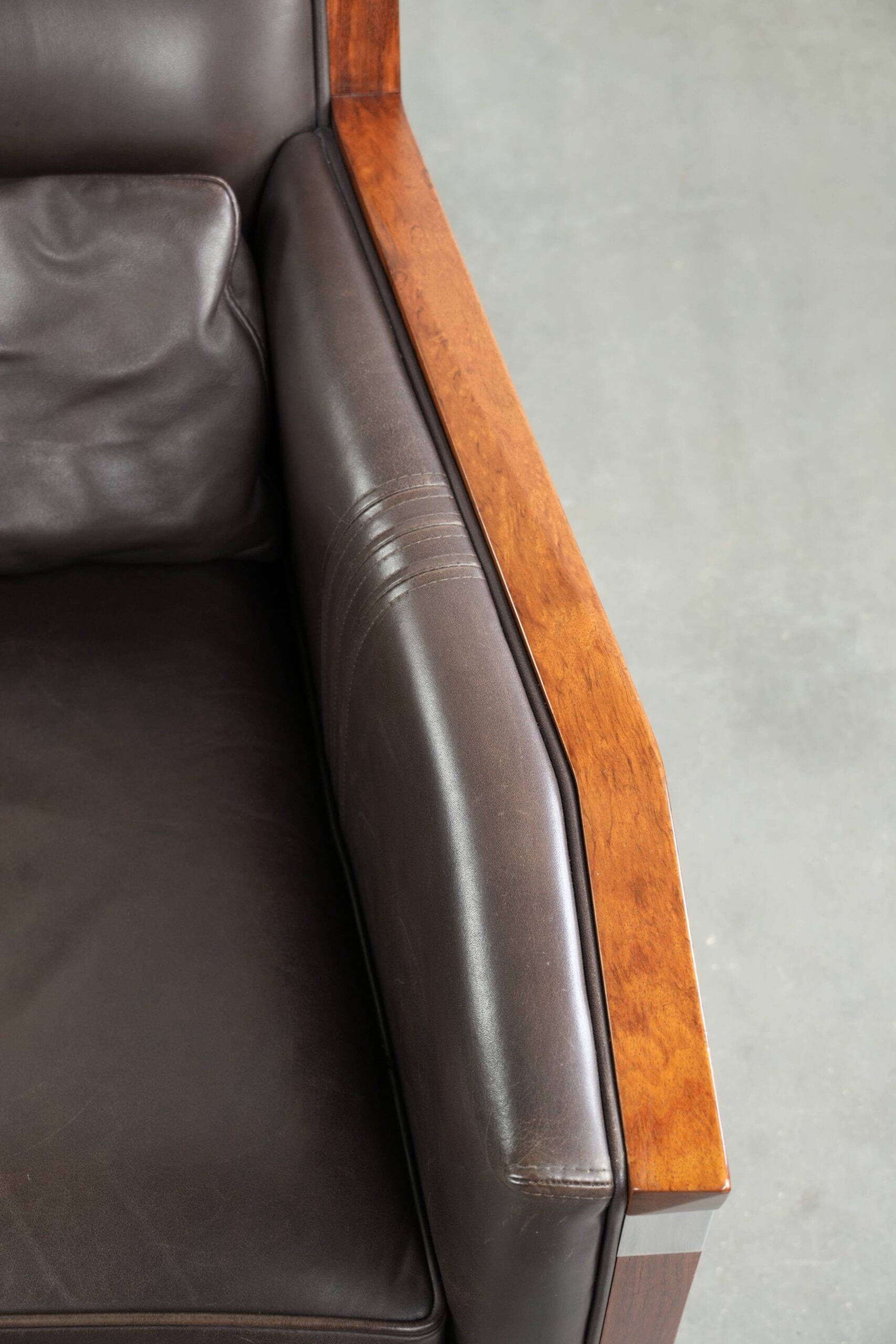 Art Deco design armchair with dark brown cowhide upholstery