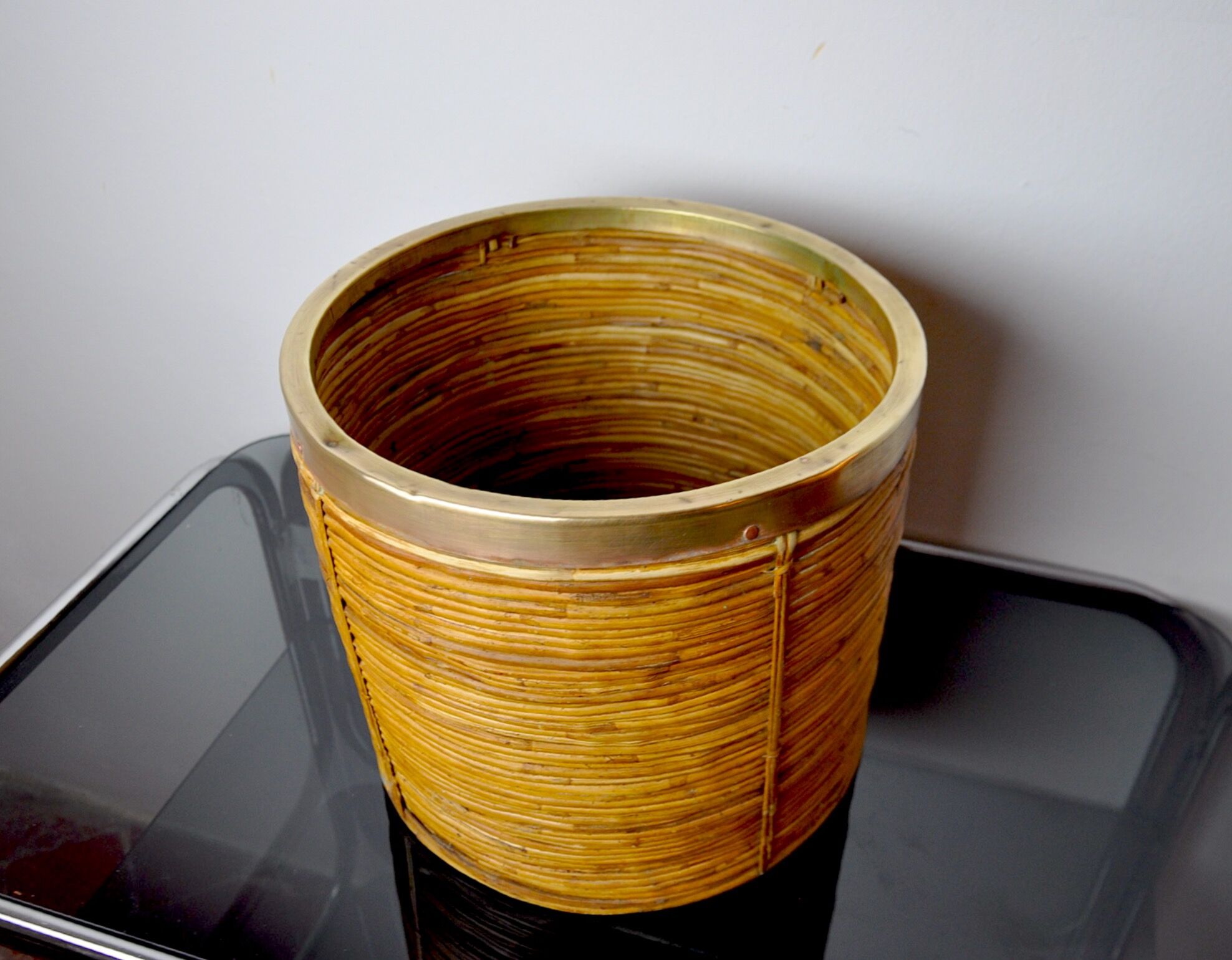 Rattan and brass planter basket, Italy, 1970