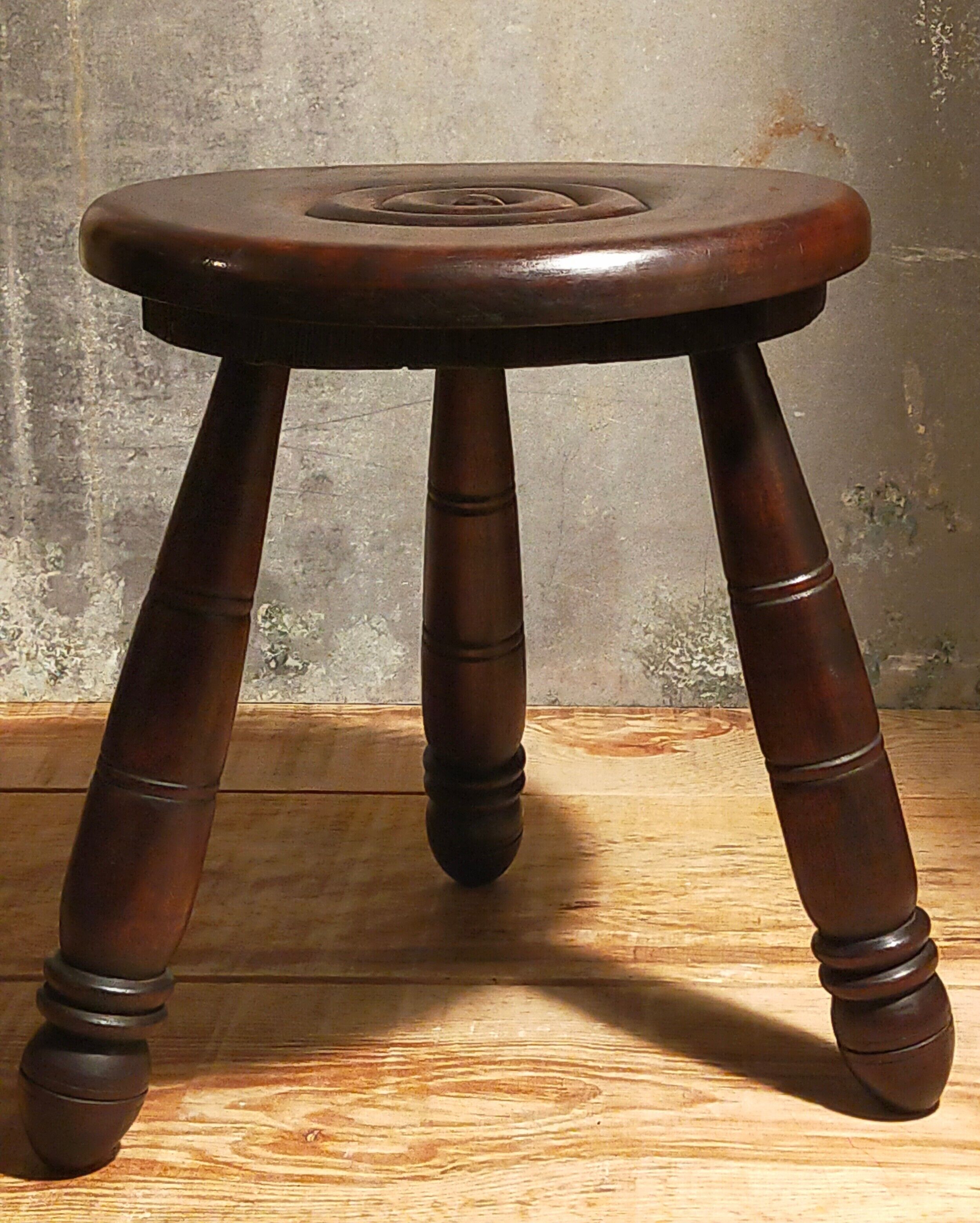 Tripod stool solid wood turned vintage
