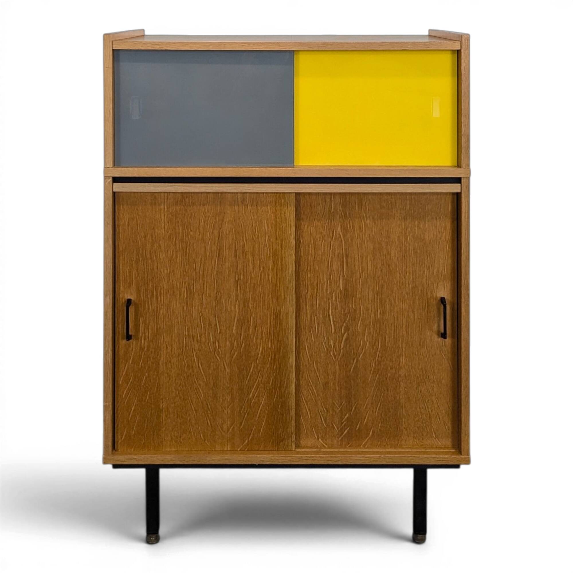 Modernist sideboard with glass doors in grey and yellow oak veneer.
