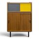 Modernist sideboard with glass doors in grey and yellow oak veneer.