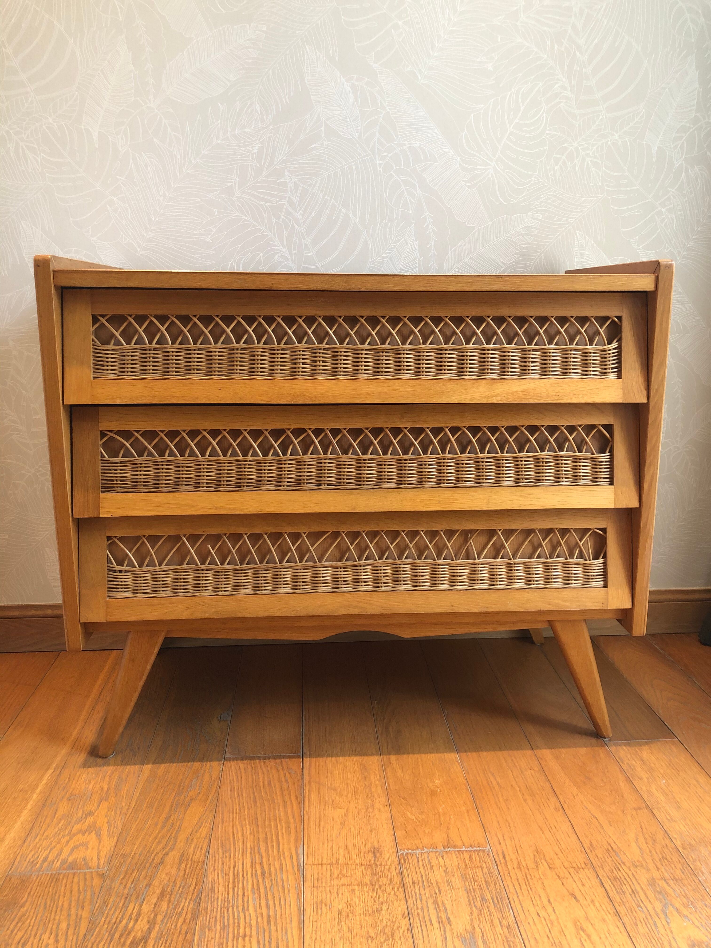 Wooden and rattan chest of drawers