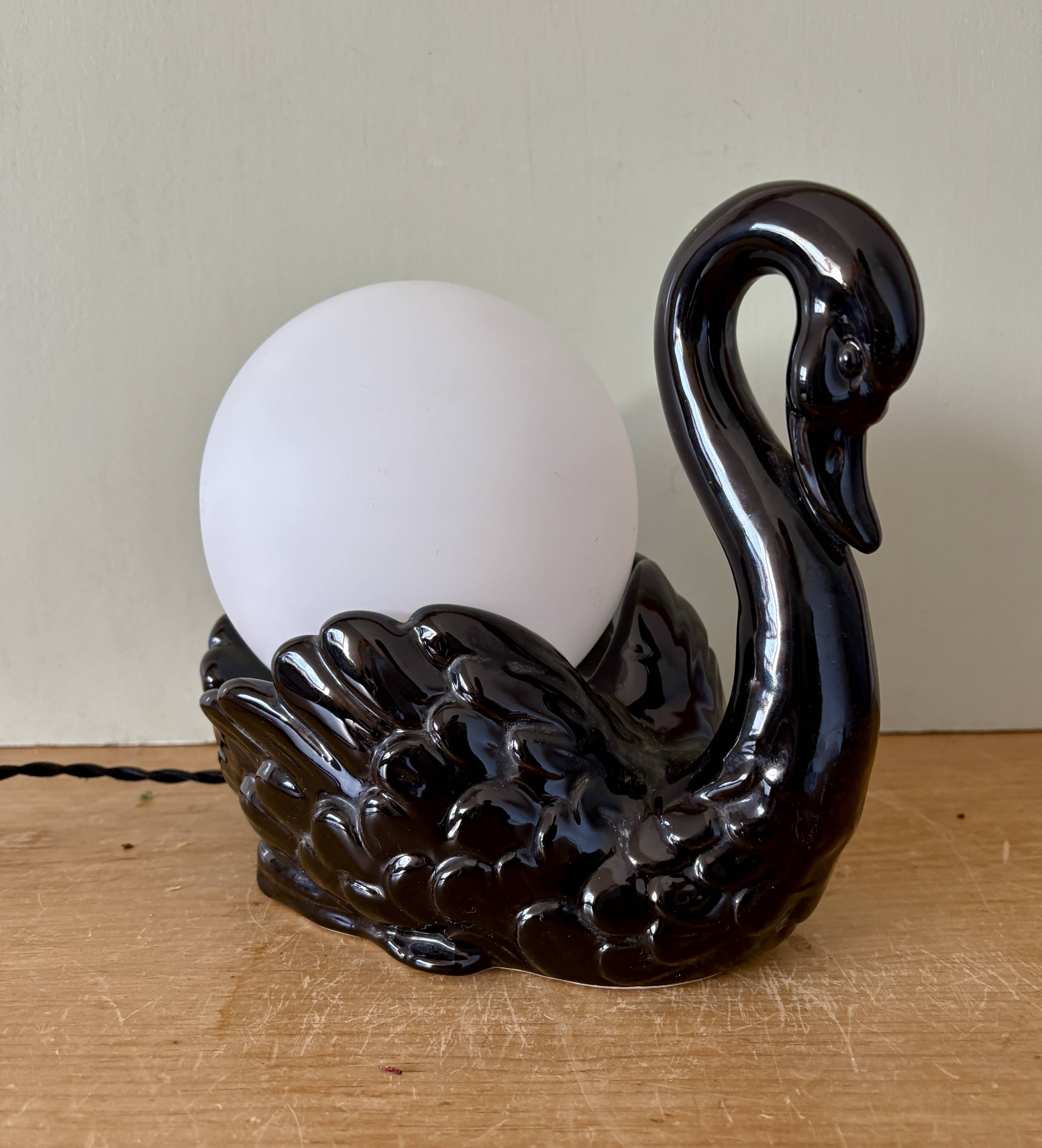 Vintage lamp, black ceramic swan and white opaline globe