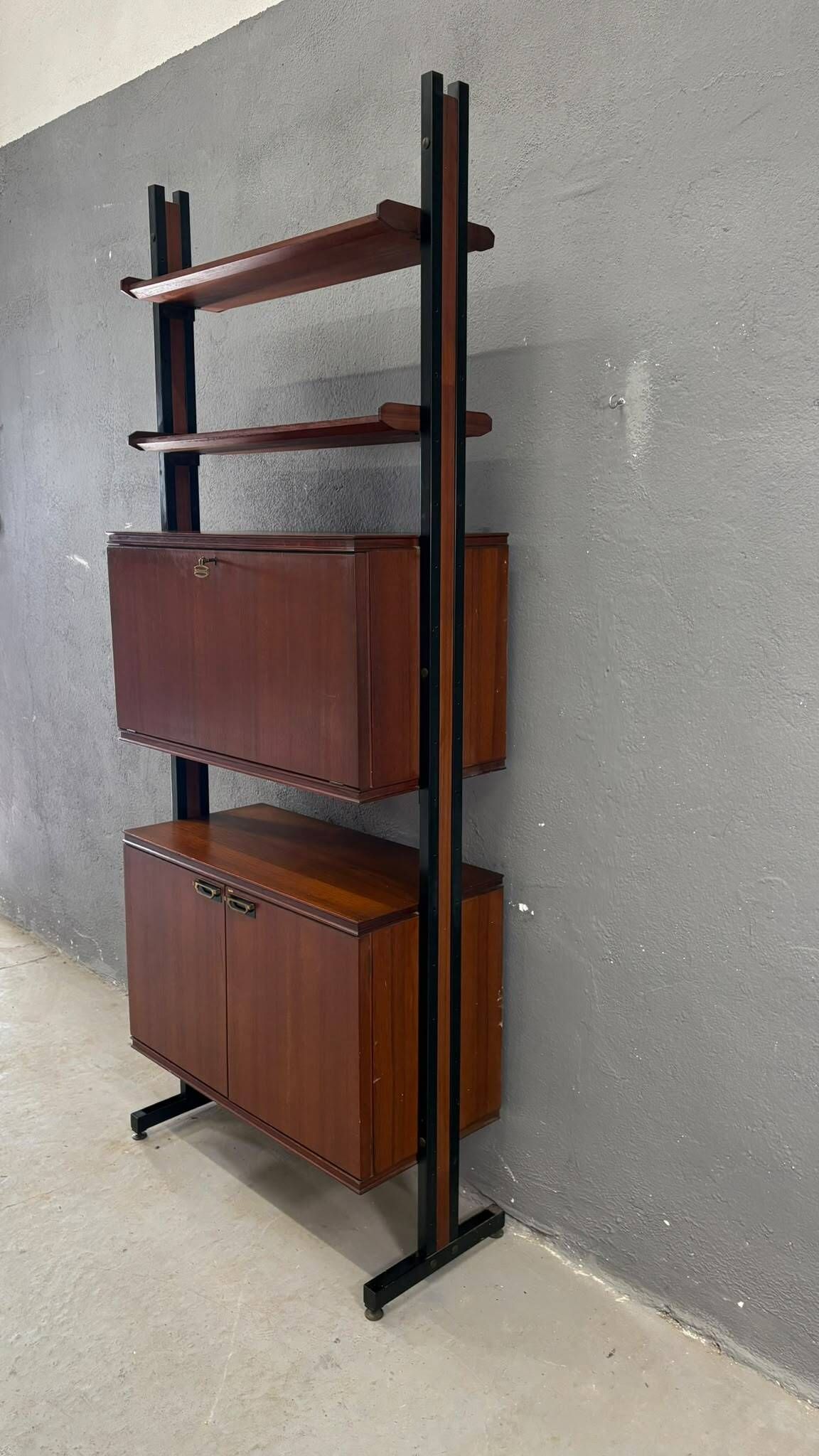 Mid-Century Modern Modular Wall Unit, Veneer & Black Metal Shelving Cabinet, 1960s, Europe
