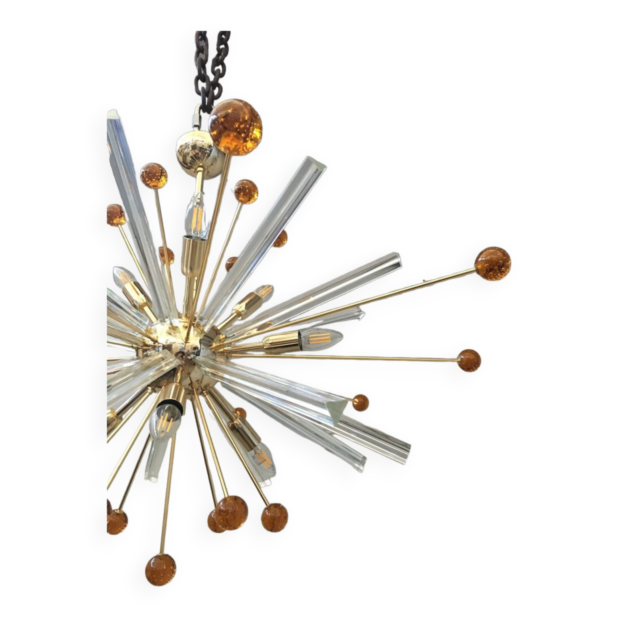 Transparent “triedro” and amber spheres murano glass oval sputnik chandelier