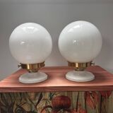 Set of two white opaline ball wall lights