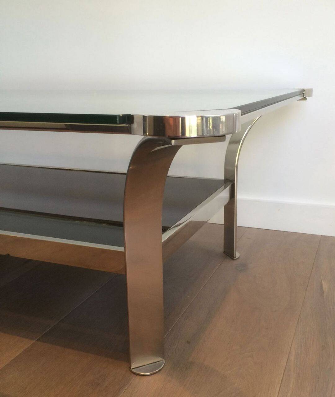 Table basse en chrome à double plateau en verre