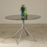 Round table in smoked glass and chrome metal from the 70s