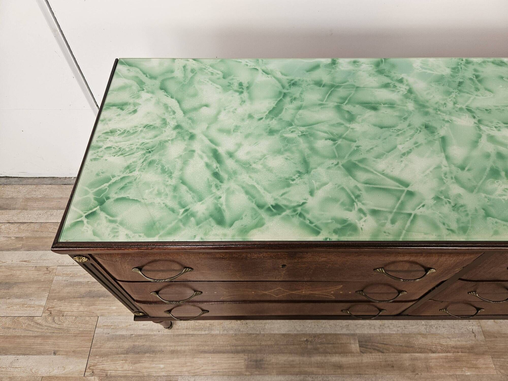 Vintage six-drawer oak chest of drawers with glass top, 1960