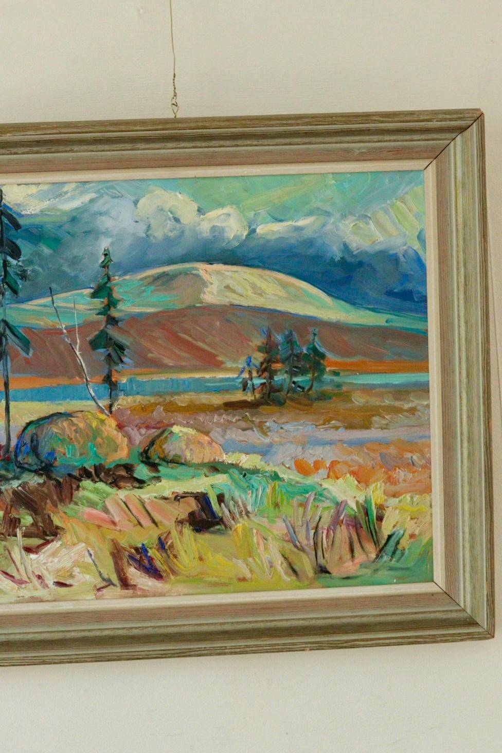 Huile sur panneau originale du milieu du siècle – « Paysage avec montagne »