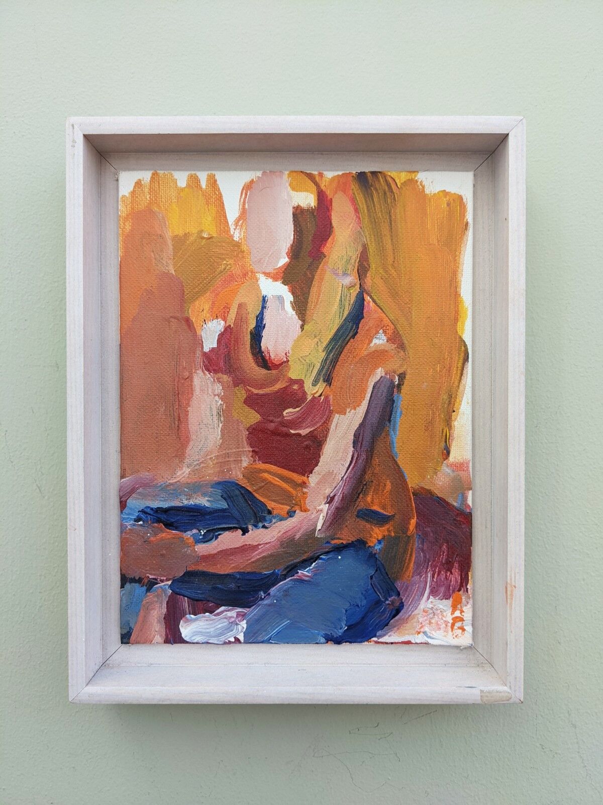 Mid-Century Modern "Seated in Orange" Swedish Vintage Abstract Portrait Oil Painting, Framed
