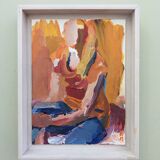 Mid-Century Modern "Seated in Orange" Swedish Vintage Abstract Portrait Oil Painting, Framed