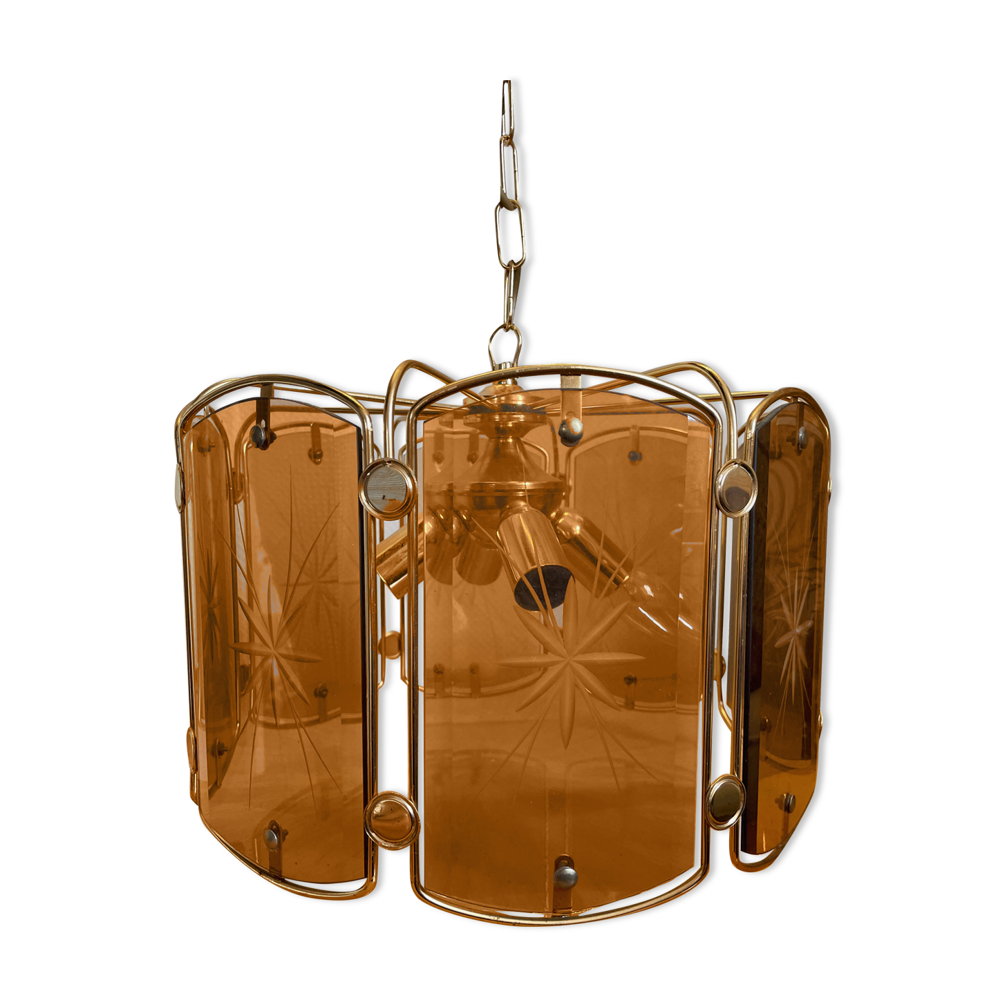 Suspension in smoked glass and vintage brass