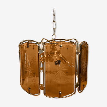 Suspension in smoked glass and vintage brass