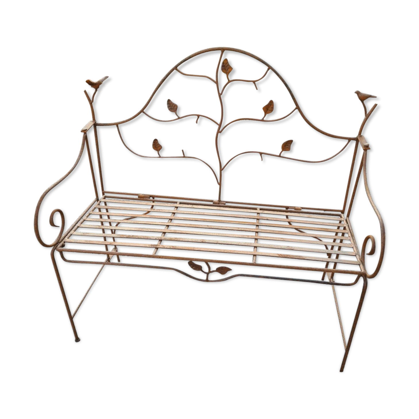 Wrought iron garden bench with birds