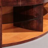 Iconic Aldo Tura brown goatskin bar cabinet with electric lift & mirror interior.