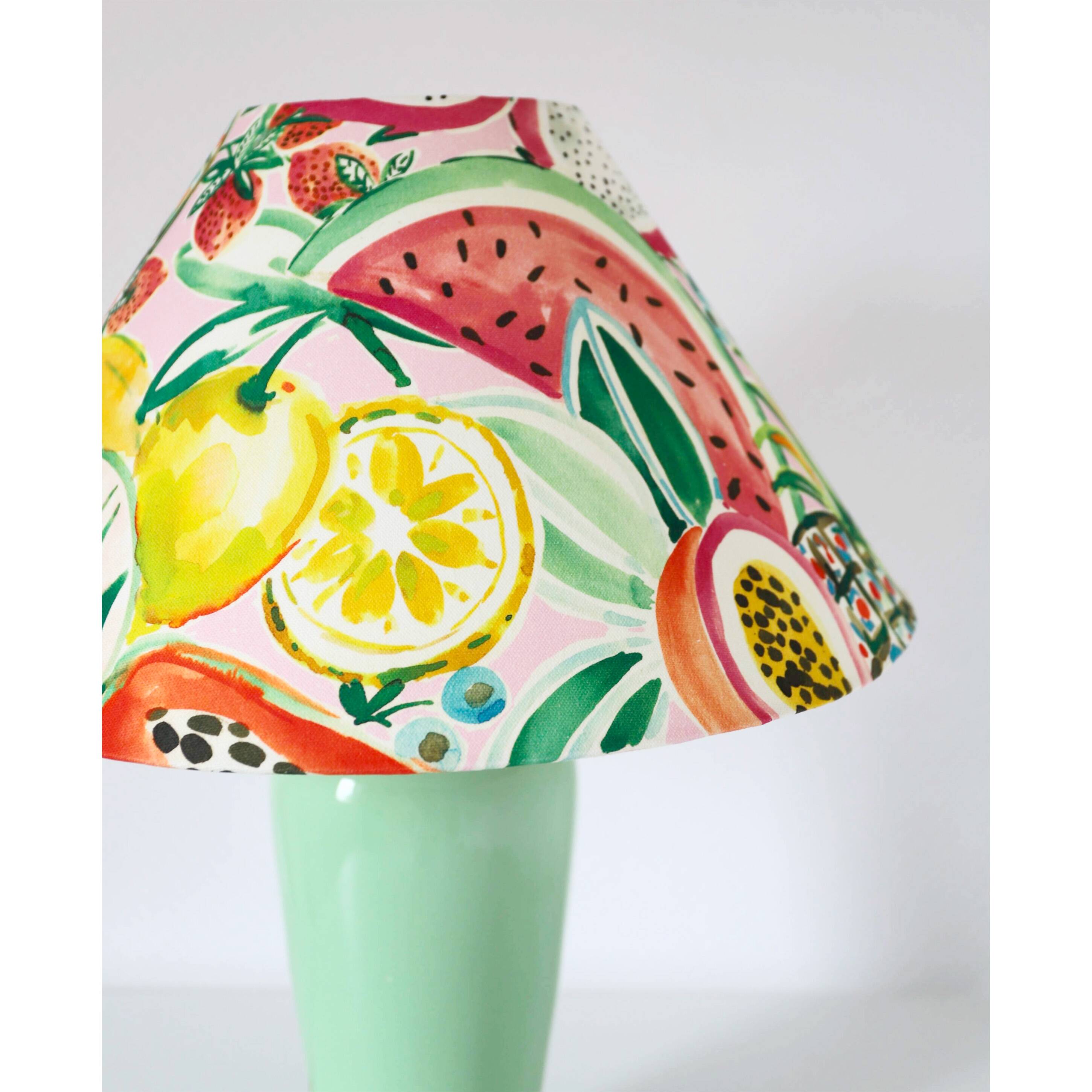 Vintage water green ceramic foot lamp with “fruit” printed lampshade