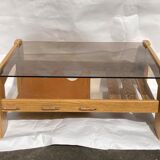 Brutalist wabi sabi slated coffee table with leather magazine holder