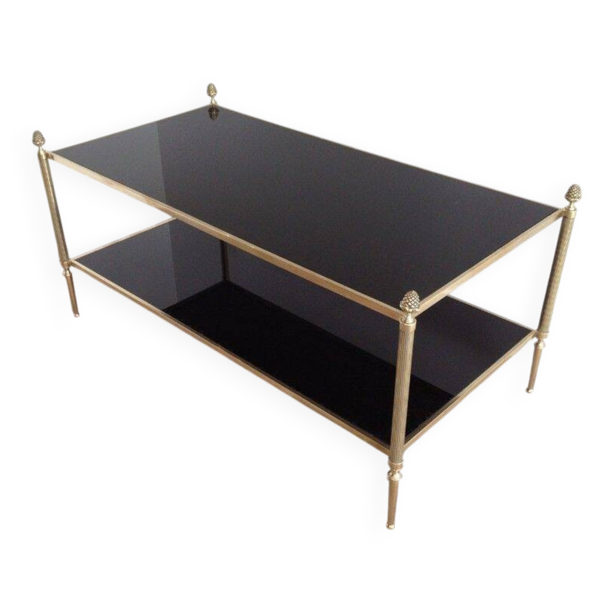 Neoclassical style coffee table in bronze and brass with double black lacquered glass tops from Maison Baguès