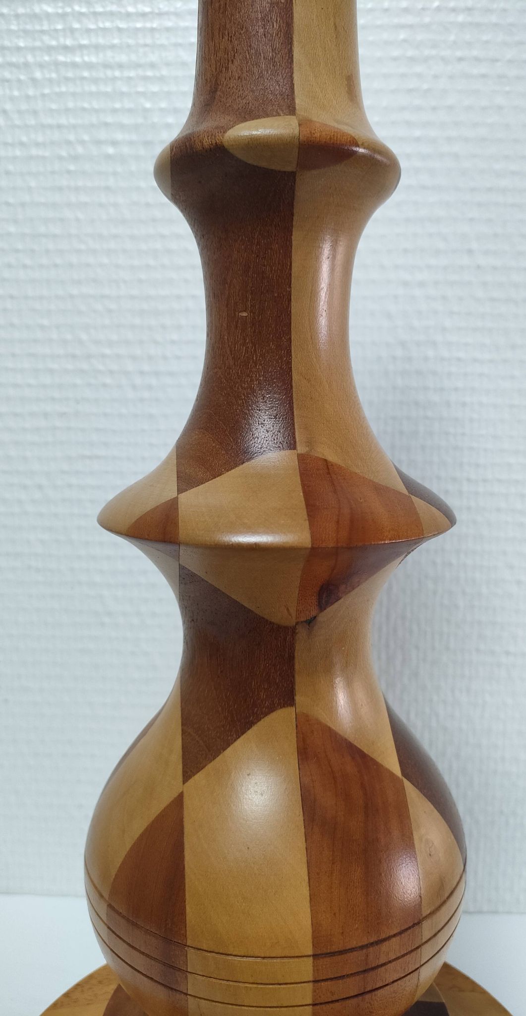 Turned wooden lamp and vintage wood inlay