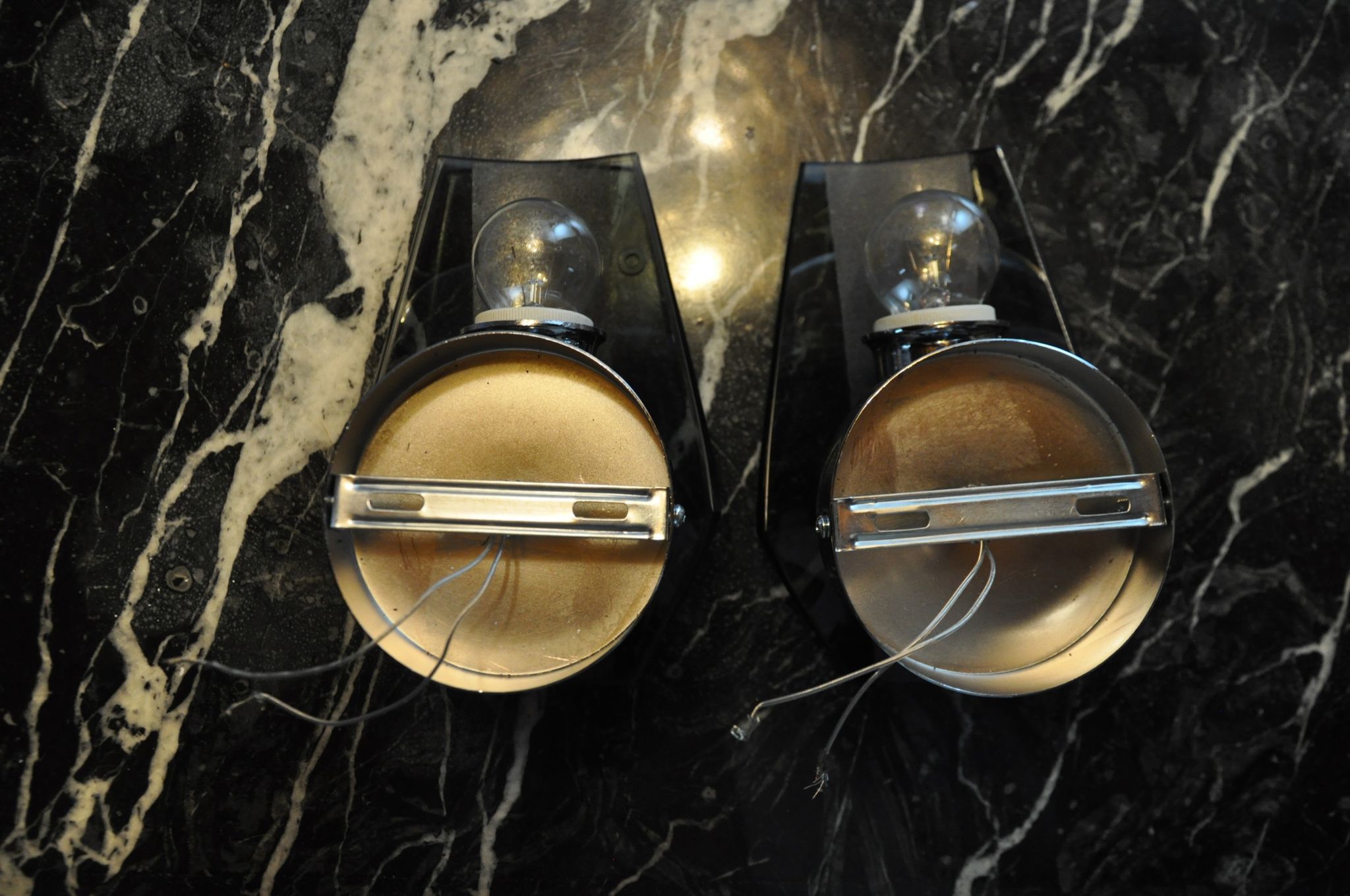 Pair of veca wall lamps, black murano glass, italy 1970