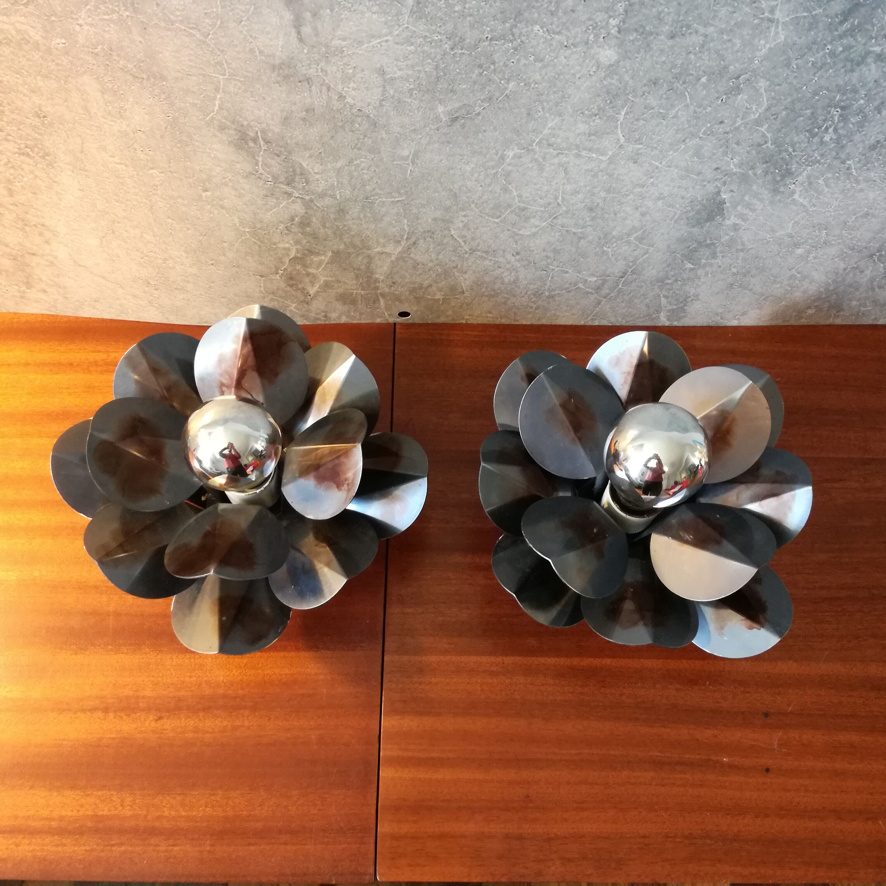 Stylized aluminum flower wall lamps from 1970