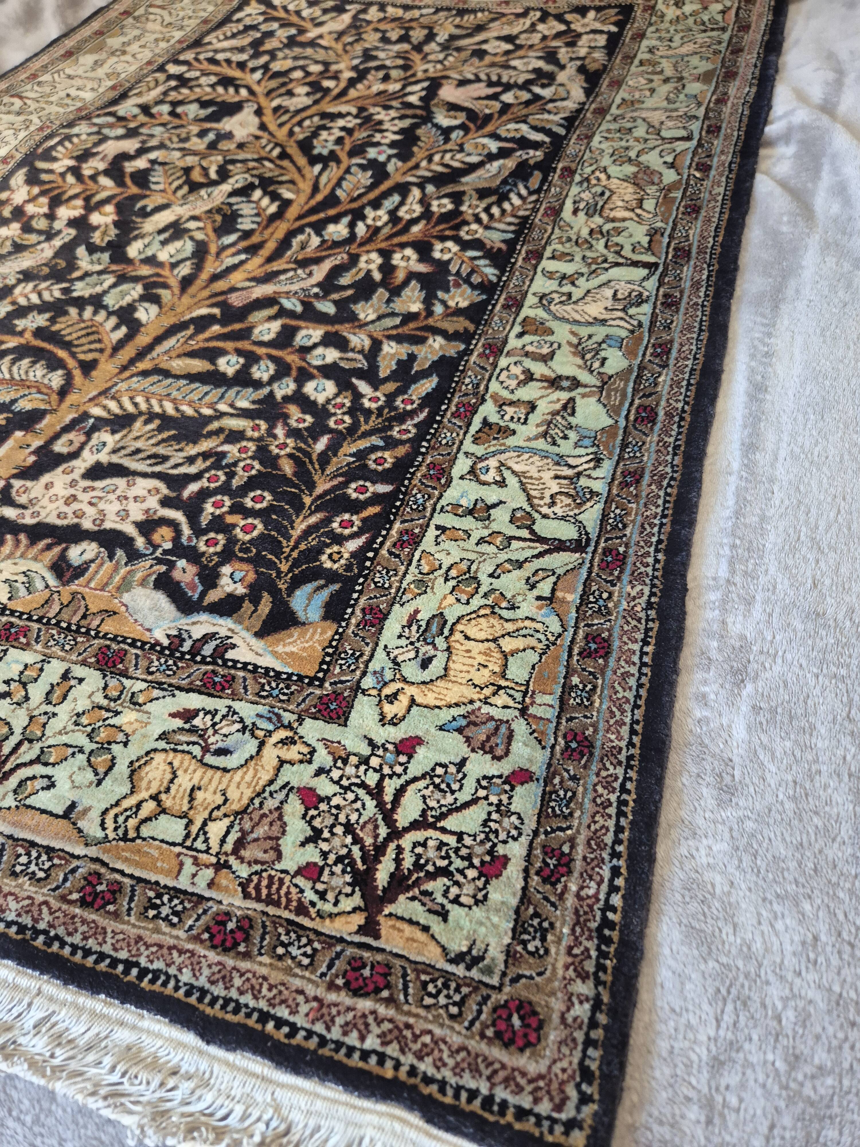Persian Qom Silk on Silk 80x130 - Tree of Life Black and Gold - Very Fine