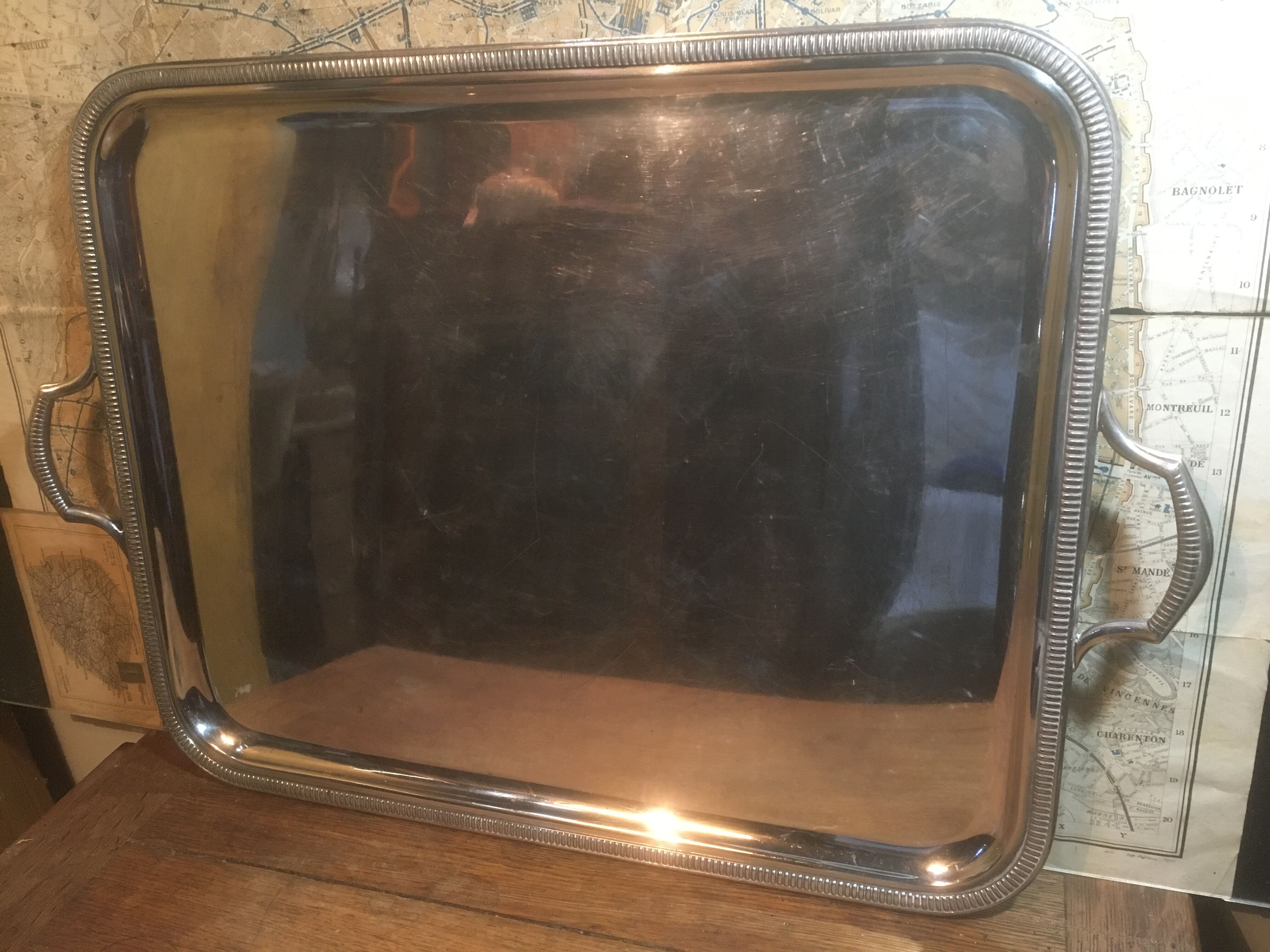 Silver metal service tray 80s