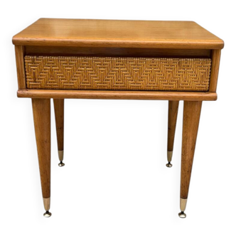 Table de chevet chêne et rotin