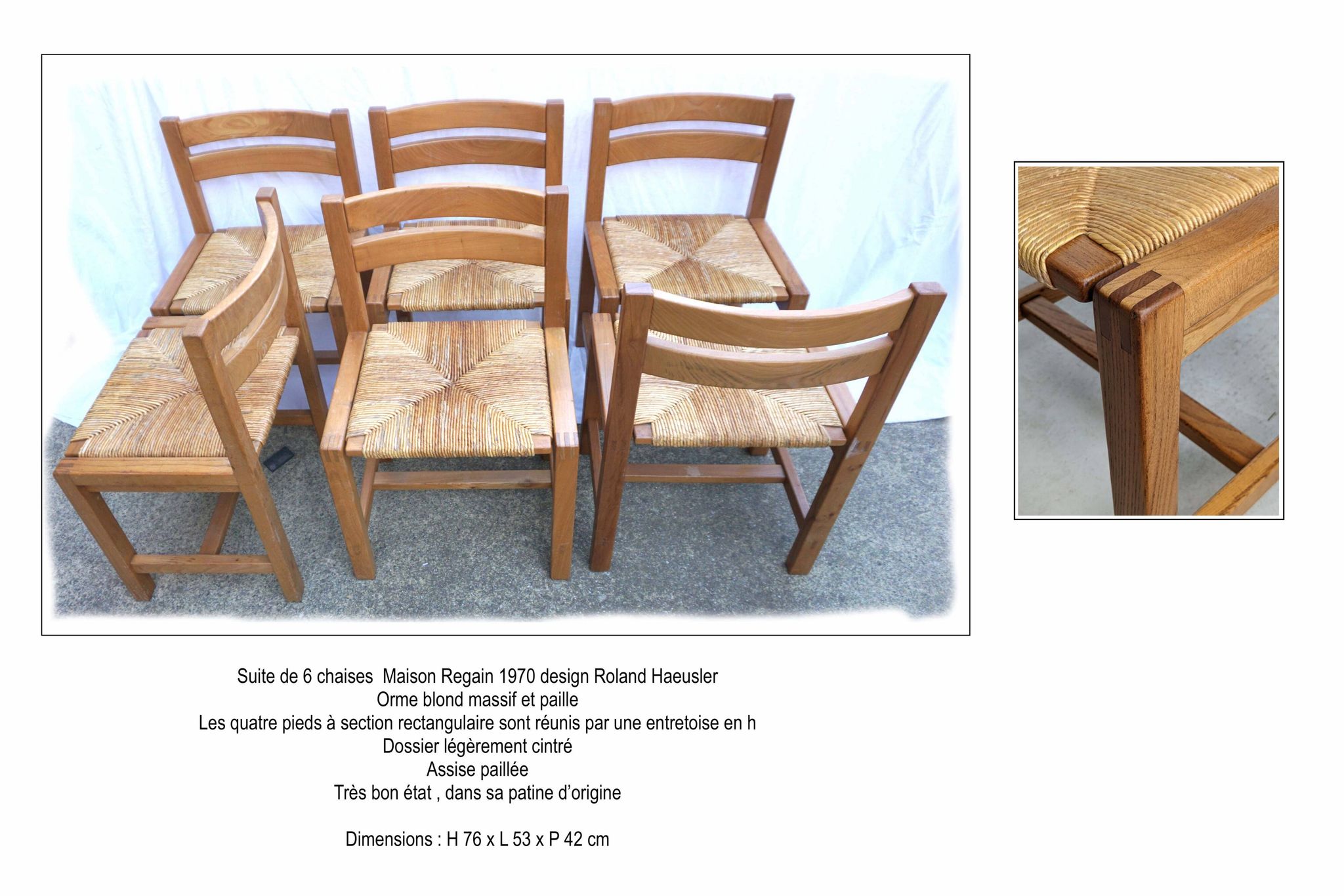 Set of 6 chairs in elm and straw Maison Regain