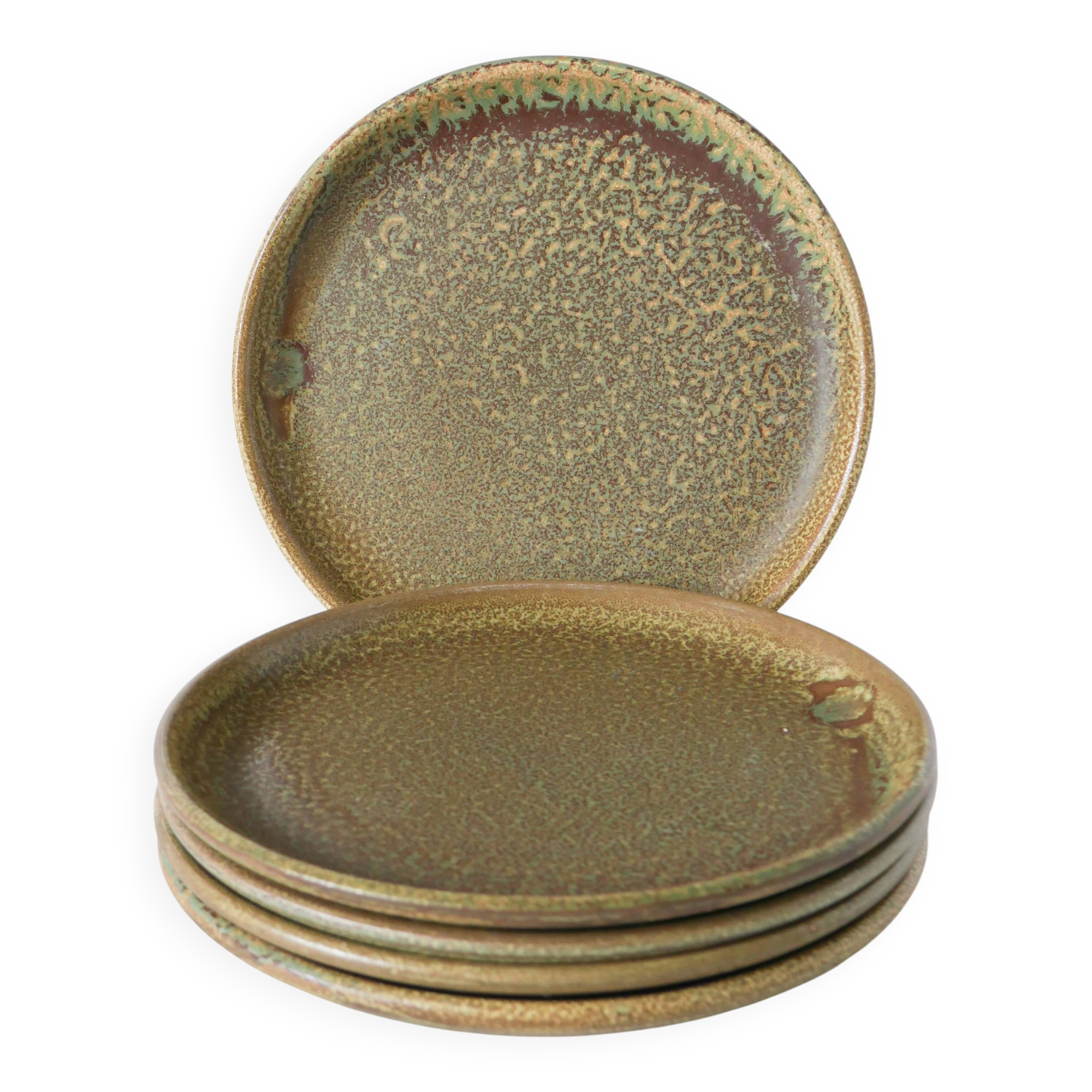 Lot de 5 assiettes plates en grès moucheté, Marron & Vert, Fabrication Arti