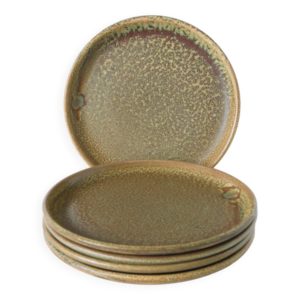 Lot de 5 assiettes plates en grès moucheté, Marron & Vert, Fabrication Arti