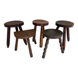 Set of vintage wooden tripod stools