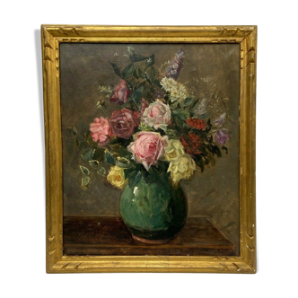Oil on canvas still life late 19th bouquet of flowers frame dore