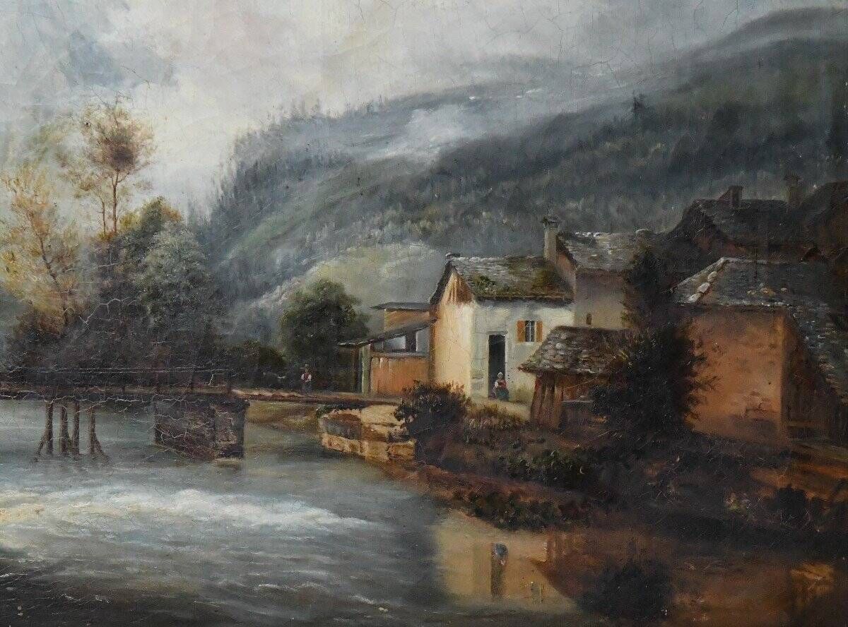 French school of the 19th century Oil on canvas House by the river
