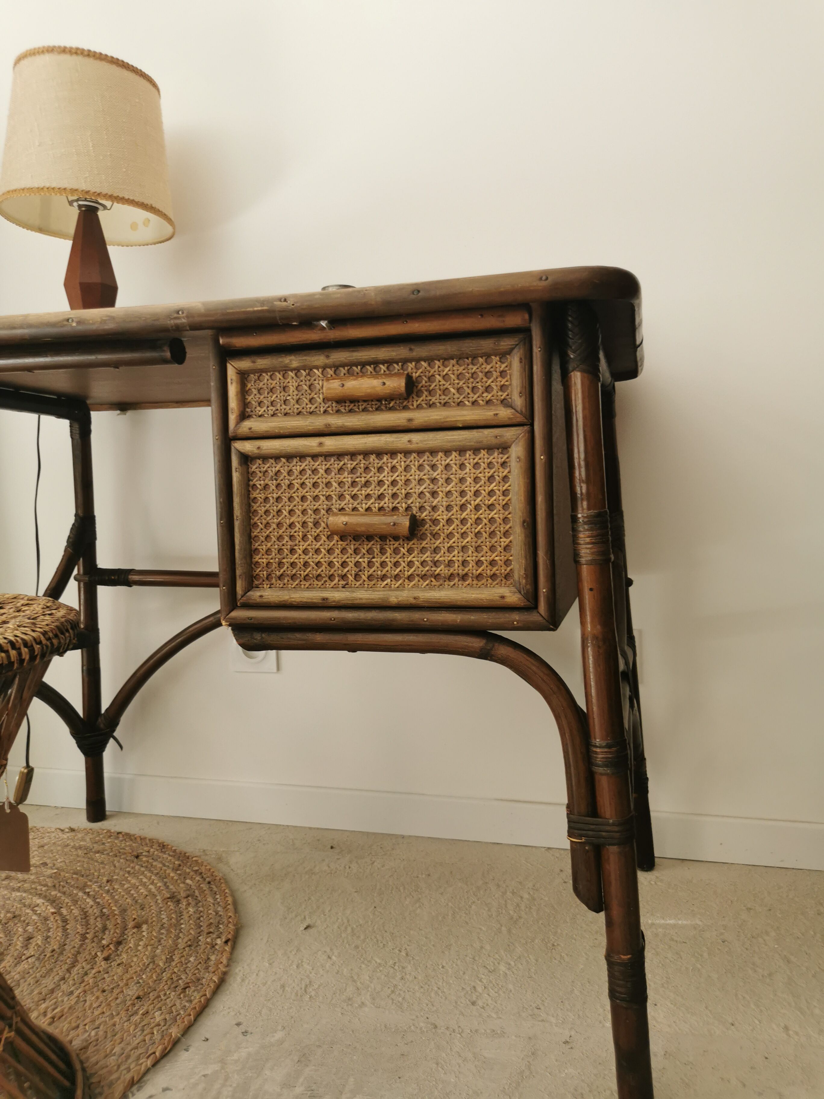 Rattan desk and vintage canning