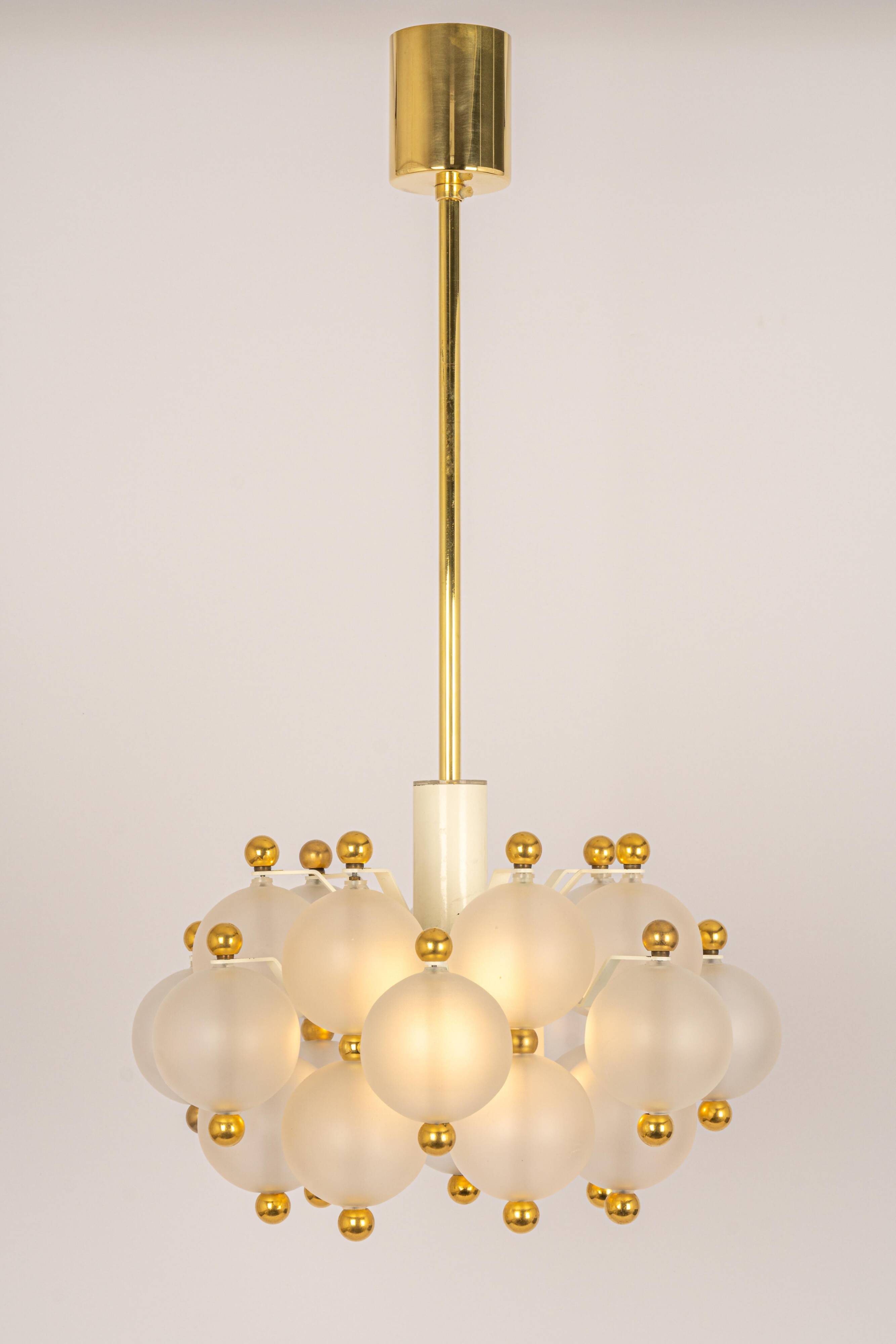 Large frosted glass and brass chandelier by Kinkeldey, Germany, 1970s.