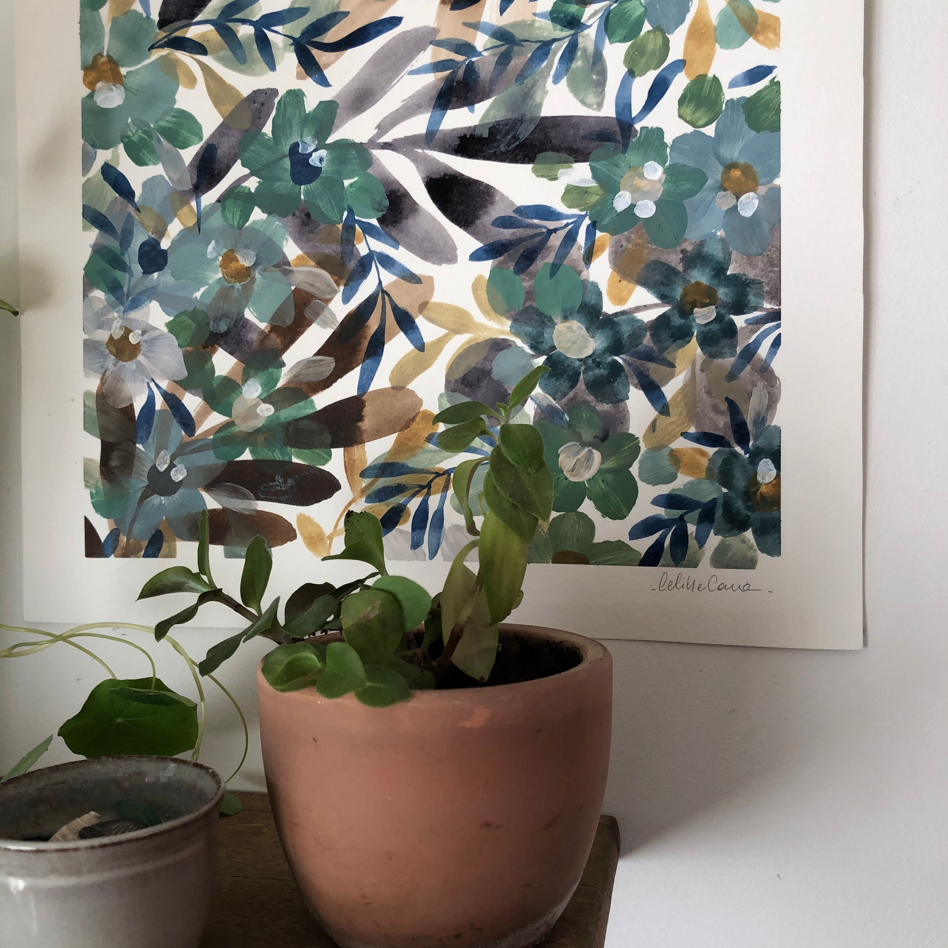 Peinture A3 Fleurs et feuillages du soir
