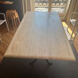 Table travertin bords arrondis 180x100, pied fer forgé 70cm