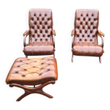 Pair of leather Chesterfields and footstools