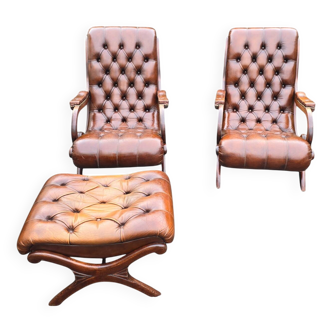 Pair of leather Chesterfields and footstools