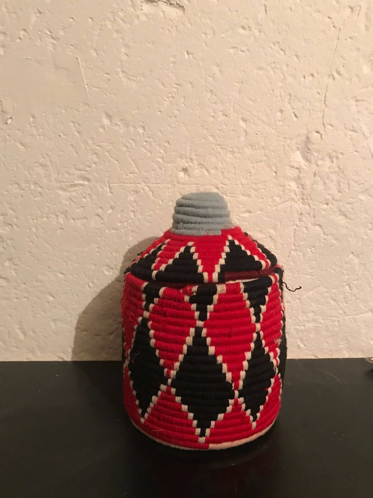 Berber wool and black and Red raffia basket