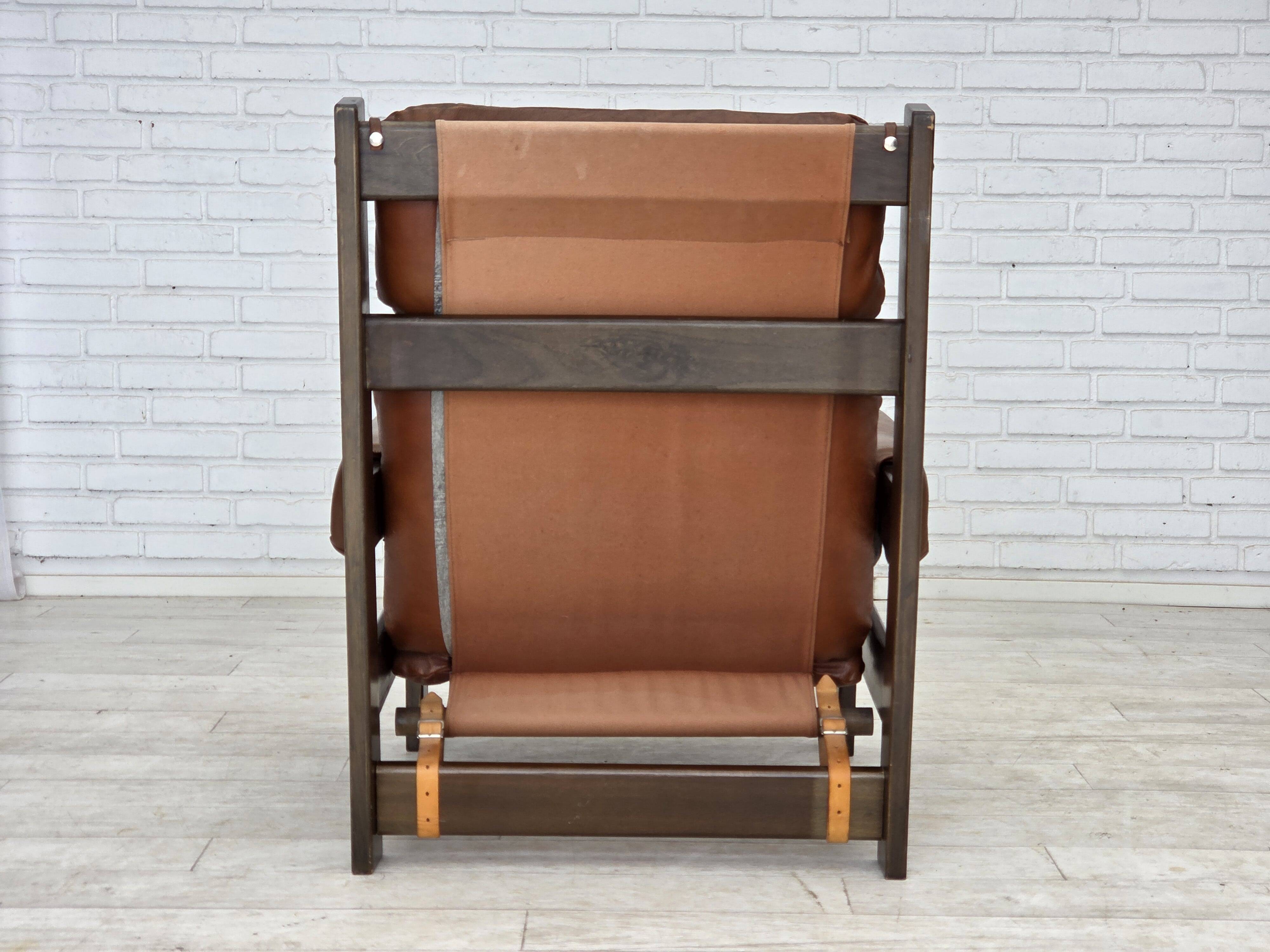 1970s, Scandinavian armchair, furniture leather, canvas, oak wood.