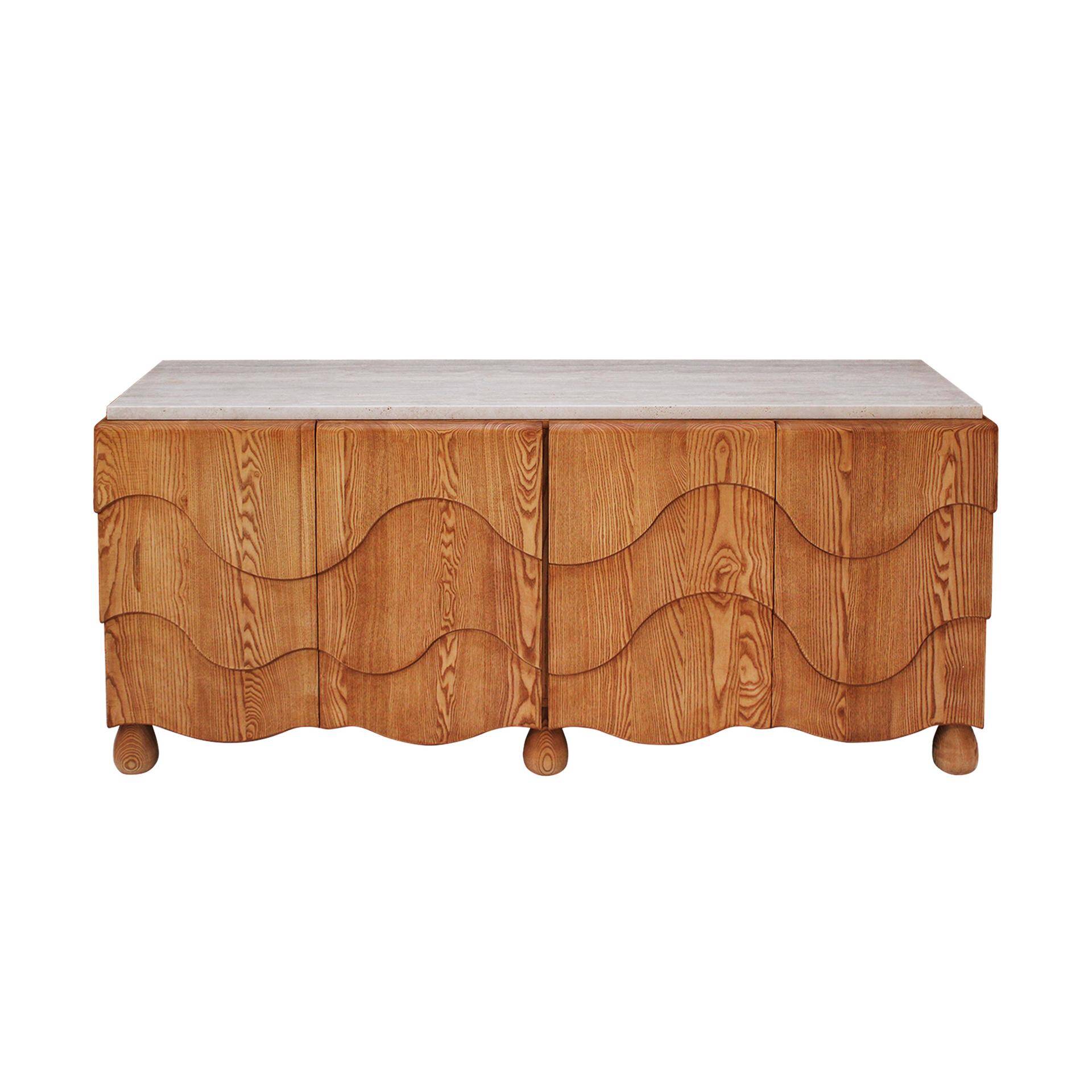 Contemporary Handcrafted Oak Solid Wood And Travertine Italian Sideboard