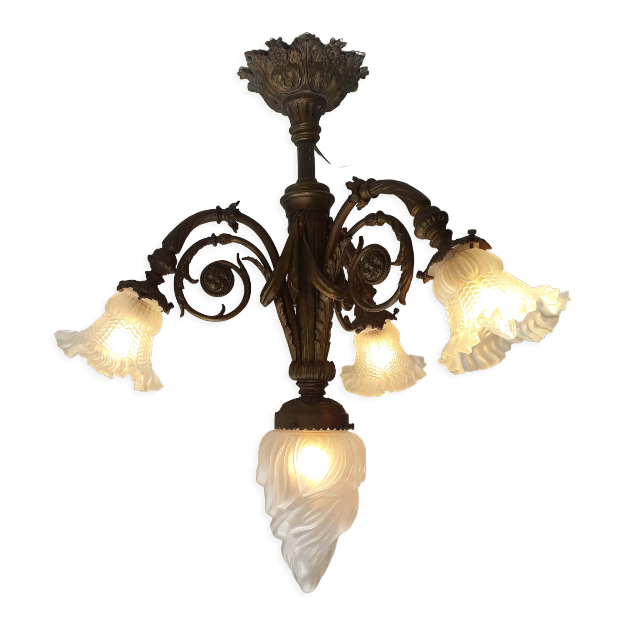 Art nouveau chandelier in bronze and pressed glass 1920